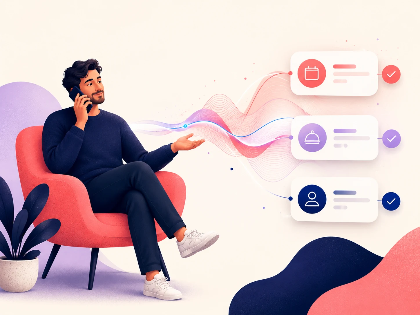 Illustration of a person delegating practical phone calls and receiving completed task cards.